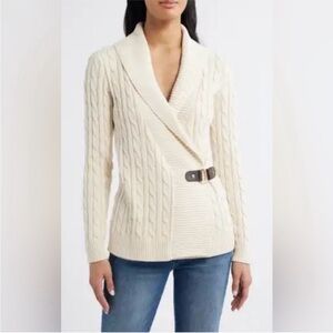 LAUREN Ralph Lauren Buckled Cream Cable-Knit Shawl Collar Cotton Sweater Sz XL